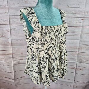 Rose + Olive Sz XL Babydoll Top Tropical Black Floral Sleeveless Smocked Blouse